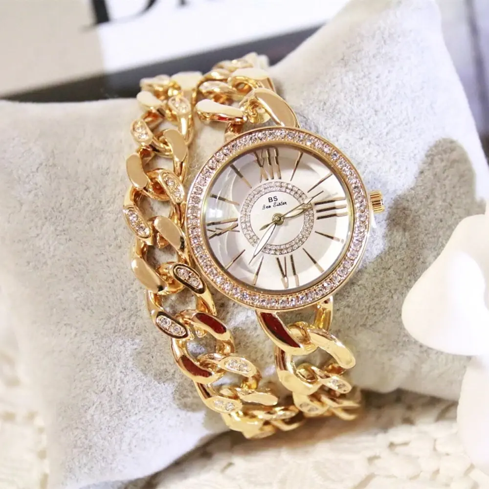 BS Luxury Gold Plated Quartz Ladies Rhinestone Watch